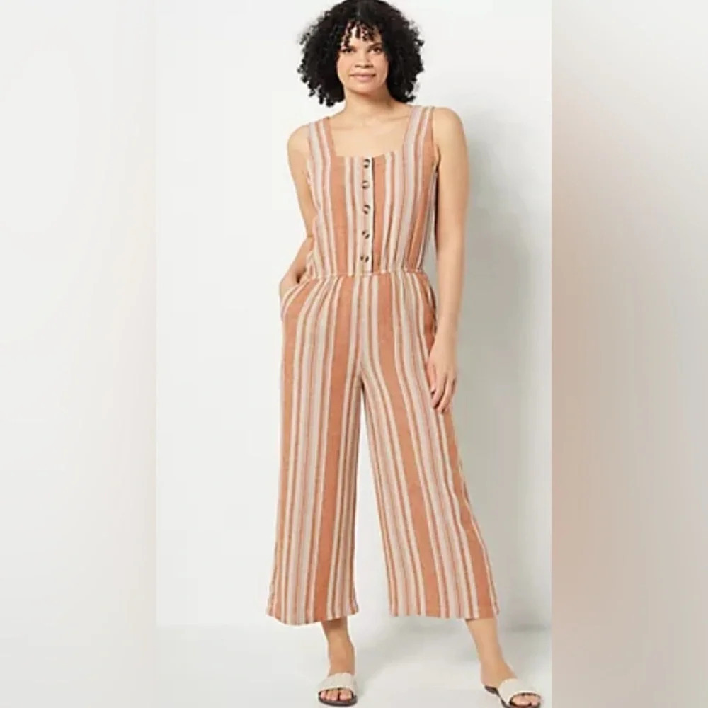 J Jason Wu Striped Linen Button Front Jumpsuit Te… - image 3